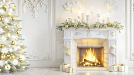 Cozy fireplace decorated for Christmas with tree and presents, festive home atmosphere, copy space