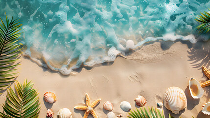 Azure coast of the ocean with palm trees, sand, surf and shells. AI Generated