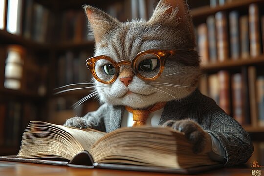 Chat studieux en lunettes lisant un livre ouvert dans une biblioth&egrave;que