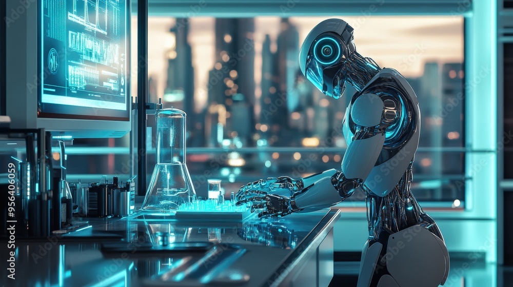 Poster a sleek futuristic robot engages in scientific experimentation, manipulating tools and data in a mod