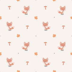 A simple, cozy,autumn pattern in a minimalist forest foxes, mushrooms, maple leaves pattern in a Scandinavian style. © Irena