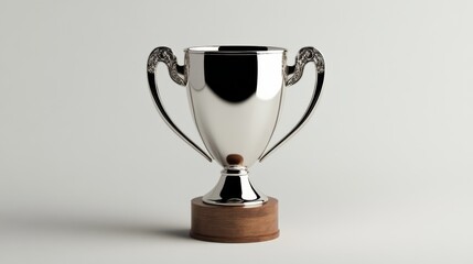 Fototapeta premium Silver trophy cup for championship intricate handles placed on wooden pedestal detailed engraving traditional award for winner silver and brown palette soft light highlighting details prize for compet