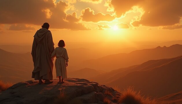 Sacrifice of Isaac on Mount Moriah with an emotional and dramatic scene highlighting divine intervention and the father-son moment