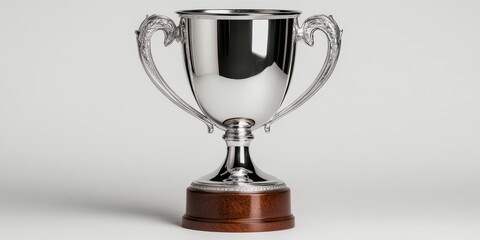 Fototapeta premium Silver trophy cup for championship intricate handles placed on wooden pedestal detailed engraving traditional award for winner silver and brown palette soft light highlighting details prize for compet