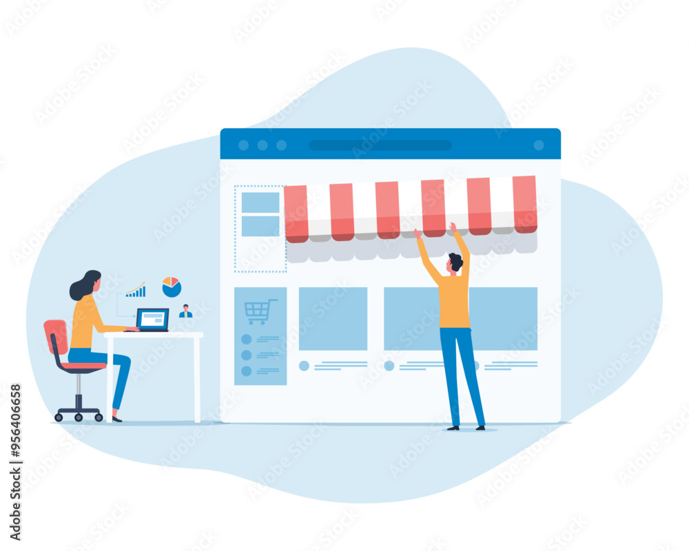 Poster web developer and graphic designer team working. flat vector illustration design concept create and make online store  on mobile application and web browser. people  business team working.
