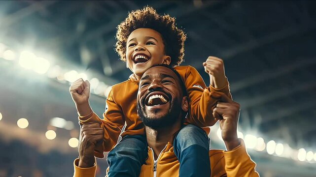 Lively Stadium Scene, Black father and son, excitement and bright lights