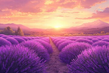 A Sunset View of a Lavender Field with a Path Leading Through it