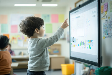 Young boy is pointing at a digital whiteboard in a classroom full of other children and teachers