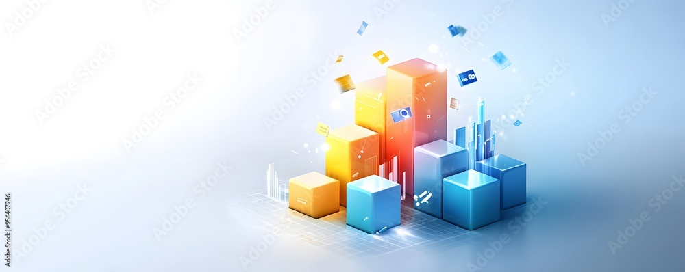 Poster abstract 3d bar graph with glowing icons.