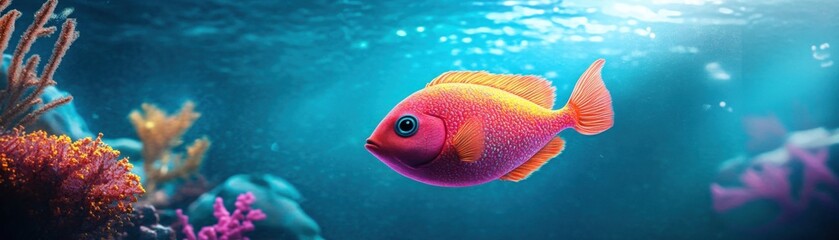 Fototapeta premium Enchanting Underwater Fantasy - Illuminated Coral Reef with Vibrant Fish, 3D Rendered Scene