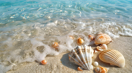 Azure coast of the ocean with palm trees, sand, surf and shells. AI Generated