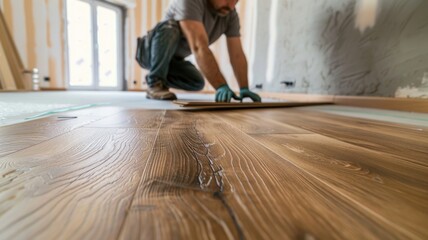 Installation of new hardwood flooring in a living room by a professional,