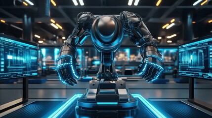 Obraz premium A sleek, futuristic robot stands in a technologically sophisticated lab, illuminated by glowing blue lights, as screens display intricate data and robotic designs