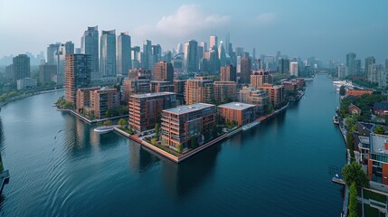 Obraz premium Aerial View of Urban Waterfront with Buildings and Canal