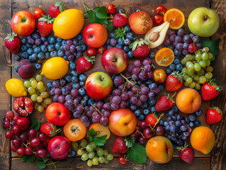 A vibrant array of fresh fruits arranged beautifully, showcasing colors and textures, ideal for health and food themes.