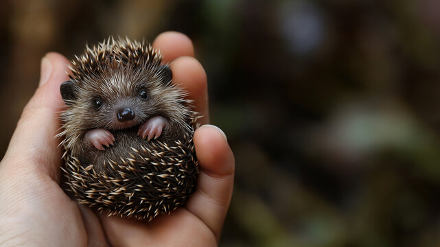 Niedlicher kleiner Igel mit gro&szlig;en Knopfaugen ruht sanft in menschlicher Hand. Stacheln sichtbar, aber weich wirkend. Nahaufnahme