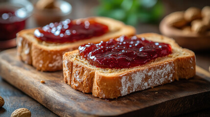 Peanut Butter and Jelly: Classic bread slices spread with creamy peanut butter and vibrant jelly, served as a simple and satisfying snack.