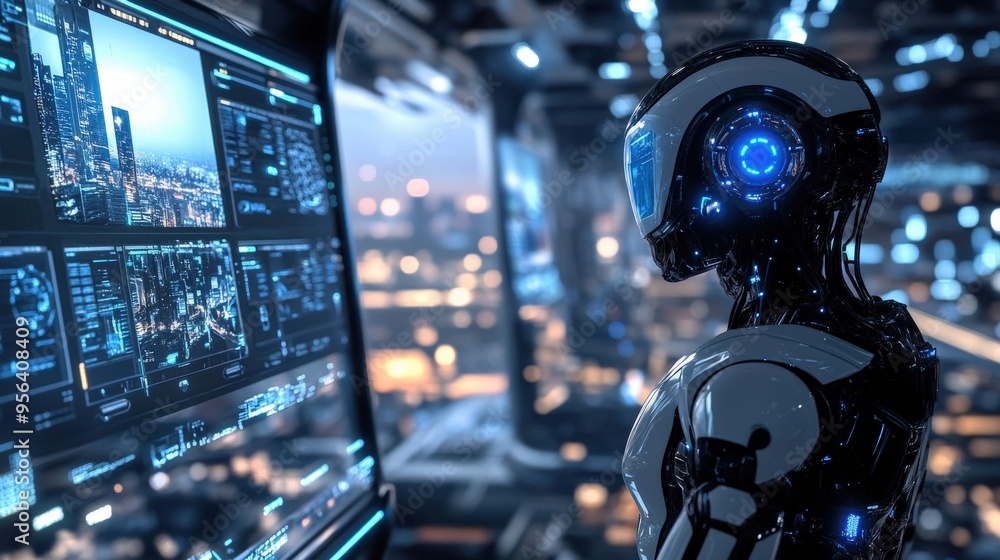 Poster the robot stands in a high-tech environment, analyzing data displayed on holographic screens while g