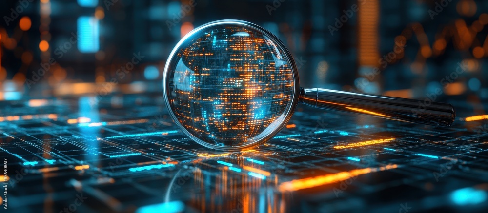 Wall mural magnifying glass over digital circuit board with glowing data points and network connections