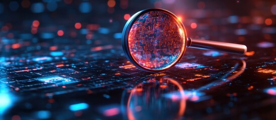 Magnifying Glass Analyzing Digital Data on a Futuristic Circuit Board with Glowing Elements