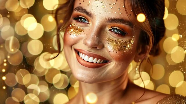 Christmas make up, Beauty model girl on holiday background, woman with beautiful make up and curly hair style golden glow, festive celebration	