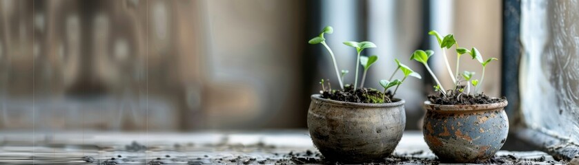 Tiny Sprout of Hope: Two small, fragile seedlings in terracotta pots, reaching for the light through a dusty windowpane, represent the resilience of life and the promise of new beginnings.  