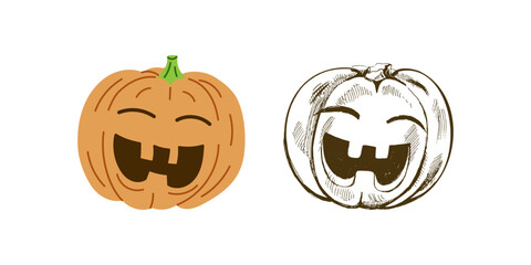 Vector  flat and hand drawn style Halloween Illustration. Hand-drawn scary pumpkin sketch isolated on white background.  Element for labels, packaging and cards design.