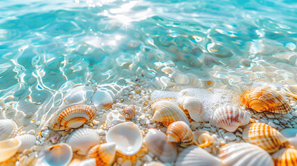 Azure coast of the ocean with palm trees, sand, surf and shells. AI Generated