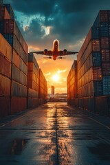 Fototapeta premium Cargo Plane Flying Over Shipping Containers at Sunset in Industrial Port