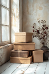 gift boxes stand on a white floor against a white wall