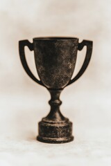 Retro trophy cup with classic engraving placed on worn wooden pedestal warm and nostalgic feel sepia and gold palette vintage award for excellence trophy from past era faded velvet cloth background
