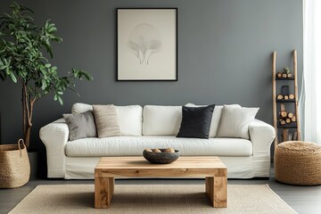 Fototapeta premium A wooden square coffee table beside a white sofa in a room with a grey wall and art poster. The living room features a minimalist, elegant modern interior design.