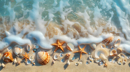 Azure coast of the ocean with palm trees, sand, surf and shells. AI Generated