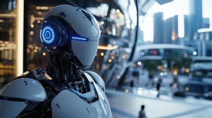 The robot, designed with sleek lines and illuminated features, stands in a vibrant city, reflecting technological advancements and urban life in a futuristic setting
