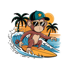 Cute monkey surfing vector illustration