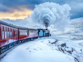 Steam Train Through Snowy Landscape.