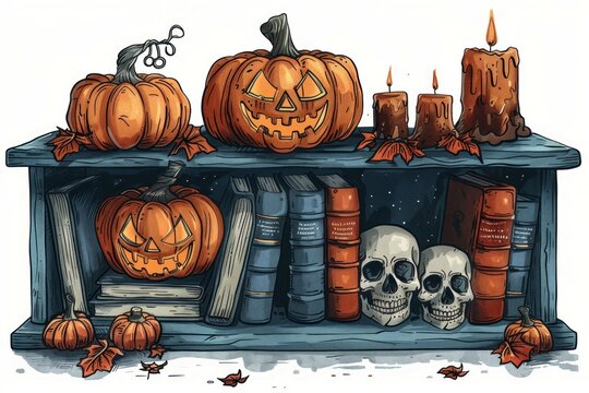 a book shelve in the style of a retro cute tee illustration, pumpkin decorations and skulls on book shelve 
