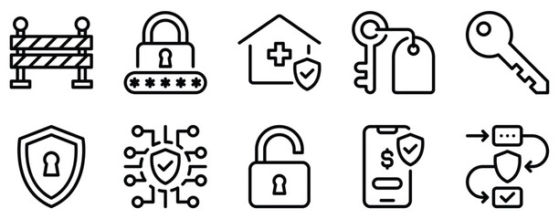 Protection and Security Icon Set Shielded Line Style Collection for Safety and Defense