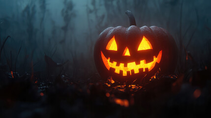 Naklejka premium A jack-o'-lantern with an eerie face glowing in the foggy darkness.