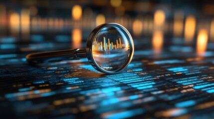 Magnifying Glass Analyzing Digital Data with Glowing Graphs and Binary Code in a Futuristic Setting