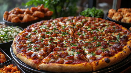 Pizza Party: A large pizza with multiple slices taken out, surrounded by various side dishes like wings and garlic bread.
