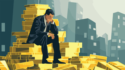 Wealthy Investor Sitting on Gold Bullion Stack as Safe Haven in Financial Crisis