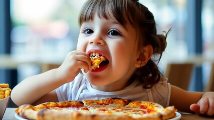 young smiling child girl enjoying cheesy slice pizza in pizzeria, with a plate of fries, joy of dining out, little kids pizza feast.