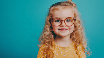 Uśmiechnięta mała dziewczynka z kręconymi blond włosami i dużymi okularami, na tle jednolitego koloru. 
