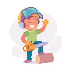 Fototapeta premium Boy Lumberman with Saw and Timber as Child Profession Vector Illustration