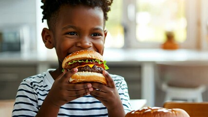 happy smiling joyful young boy enjoying burger in sunlit room, epitomizing simple childhood pleasures, childs delight in a bite, home fastfood