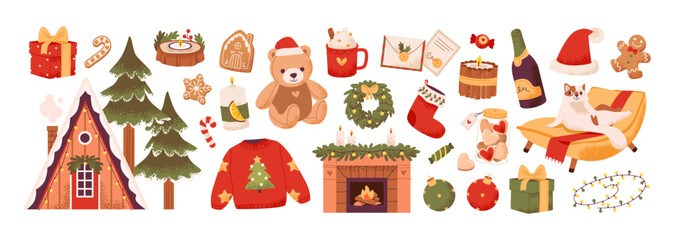 Сozy Christmas with  wrapped gifts, and festive treats. Gingerbread cookies, a warm fireplace, and holiday decor. Set elements focused on tradition and seasonal cheer. Flat vector illustration.