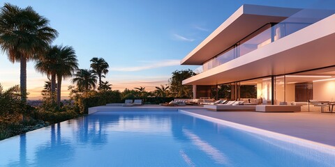 Fototapeta premium Exterior view of a stunning modern minimalist cubic villa with a large swimming pool surrounded by palm trees.