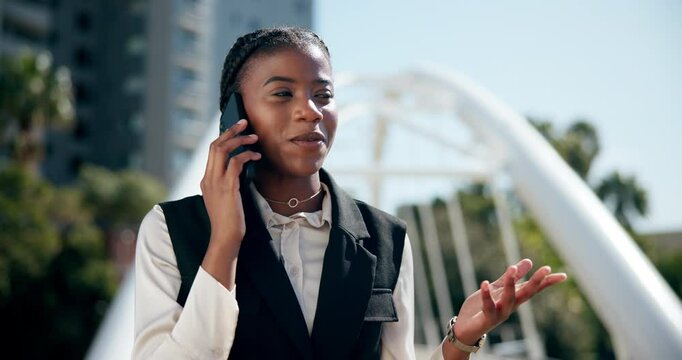 Planning, phone call and black woman in city for business, smile and real estate agent at office park. Discussion, businesswoman or happy realtor with smartphone, conversation and urban development