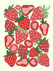 Groovy strawberry poster, fruits art print. Aesthetic retro strawberries composition design for wall prints.